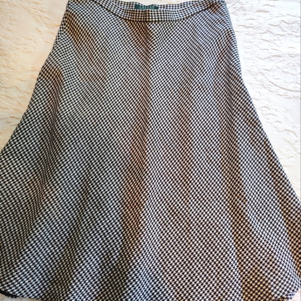 Lauren Ralph Lauren Midi Flare Skirt Size 6 Black White Houndstooth Zip Closure